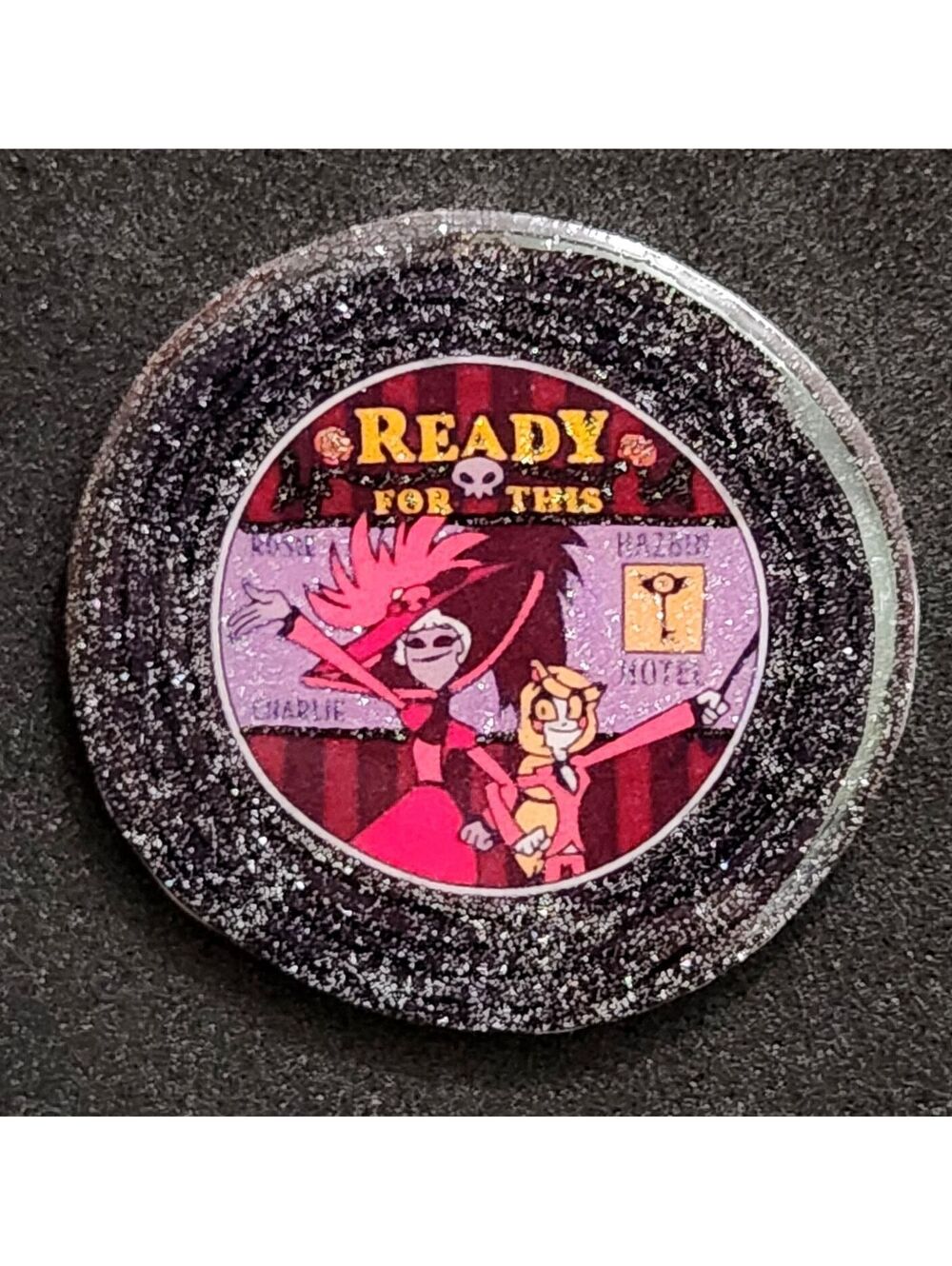 Rosie & Charlie, Ready for This vynil record glitter pin - Hazbin Hotel